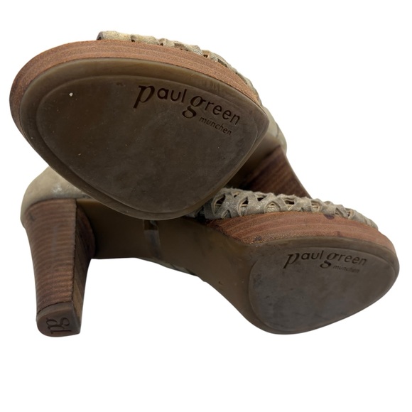 Paul Green Taupe Peep-Toe leather Ankle Boots cutout size 7 stacked wooden heel - Picture 3 of 10